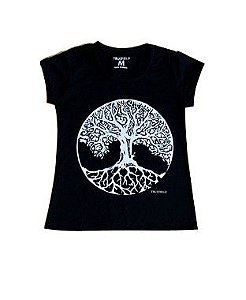 Camiseta feminina em algodão com decote careca desenho árvore da vida