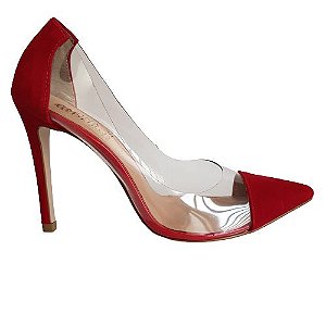 Scarpin salto 10 cm vinil transparente nobuck - vermelho - Carina Medeiros  Shoes