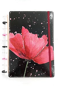 Caderno de Disco Capa Preta com Flores Vermelha.