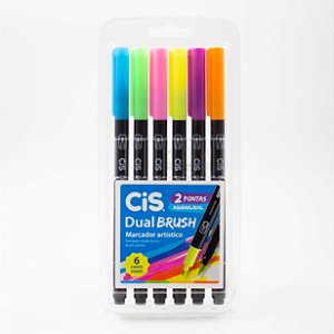 Marcador Artístico Cis Dual Brush c/2 Pontas Aquarelável c/6 Cores Neon