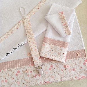 Kit Bebê  Necessaire, Fraldas Ombro e Boca - Floral Passarinhos