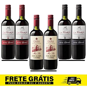 Kit Tinto de Mesa com 6 und. Sem Álcool - 2  Vinhos Tinto Suave Bordô Sem Álcool  - 2  Vinhos Tinto Demi Sec Bordô Sem Álcool - 2  Vinhos Tinto Seco Bordô Sem Álcool