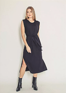 VESTIDO MIDI PREGAS OMBROS E FAIXA PRETO