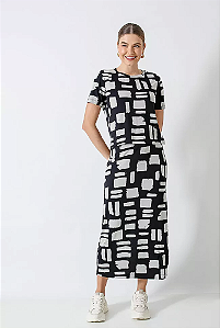 CONJUNTO ESTAMPADO RONJAN BLUSA E SAIA MIDI PRETO