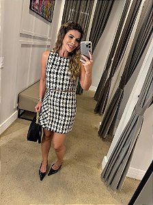 CONJUNTO TWEED CROPPED REGATA E MINI SAIA PRETO