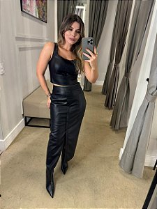 CONJUNTO COURO ECO TOP E SAIA MIDI JAMILE PRETO