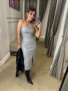 VESTIDO MIDI COURO ECO SEM ALÇA CINZA