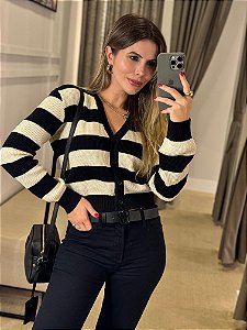 CALVIN KLEIN JEANS CARDIGAN DECOTE V CROPPED LISTRADO OFF WHITE