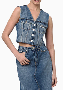 CALVIN KLEIN JEANS COLETE JEANS CROPPED BARRA A FIO AZUL MÉDIO