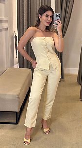 CONJUNTO VISCOLINHO BLUSA SEM ALÇAS E CALÇA MANTEIGA