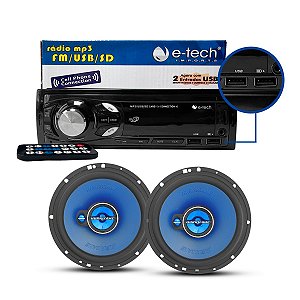 Kit Som Carro Radio Aparelho Mp3 Bluetooth Etech + 2 Falantes 6 Hurricane TOP