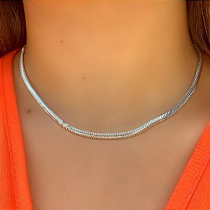 COLAR CHOKER CORRENTE COBRA FOLHEADO A PRATA SEMIJOIA⭐