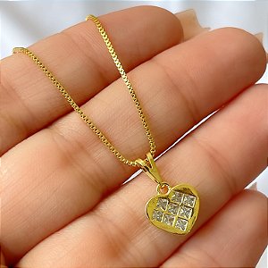 COLAR CORAÇÃO ZIRCÔNIAS PRINCESS FOLHEADO A OURO 18K SEMIJOIA⭐