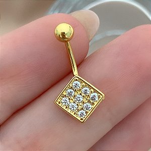 PIERCING UMBIGO HASTE AÇO 316L QUADRADO ZIRCÔNIAS 10MM FOLHEADO A OURO 18K SEMIJOIA PARA ATUALIZAÇÃO⭐️