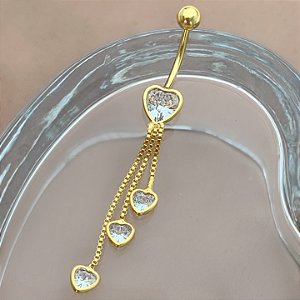 PIERCING UMBIGO HASTE AÇO 316L CORAÇÕES FRNJAS ZIRCÔNIAS 10MM FOLHEADO A OURO 18K SEMIJOIA PARA ATUALIZAÇÃO⭐️