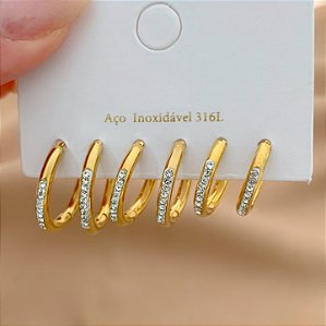 BRINCO KIT ARGOLINHAS FINAS STRASS DOURADO AÇO 316L⭐️
