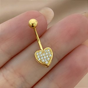 PIERCING UMBIGO CORAÇÃO MICRO ZIRCÔNIAS 10MM HASTE AÇO 316L FOLHEADO A OURO 18K SEMIJOIA PARA ATUALIZAÇÃO⭐️