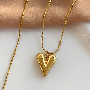 COLAR CORRENTE BOLINHAS E PINGENTE CORAÇÃO DOURADO AÇO 316L⭐️