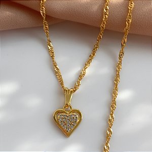 COLAR PINGENTE CORAÇÃO CRAVEJADO ZIRCÔNIAS FOLHEADO A OURO 18K SEMIJOIA⭐