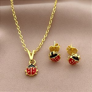 COLAR BRINCO KIT INFANTIL JOANINHA ESMALTADA FOLHEADO A OURO 18K⭐️