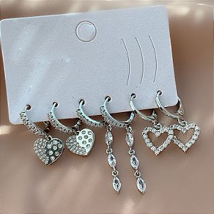 BRINCO KIT ARGOLINHAS CORAÇÕES ZIRCÔNIAS EMILY PRATEADO BIJU