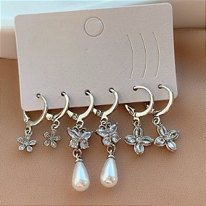 BRINCO KIT ARGOLINHAS BORBOLETAS ZIRCÔNIAS MAITÊ PRATEADO BIJU
