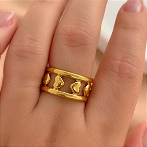 ANEL REGULÁVEL FILEIRA CORAÇÕES DOURADO AÇO 316L⭐️