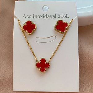 COLAR E BRINCO KIT TREVO RESINADO DOURADO AÇO 316L⭐️