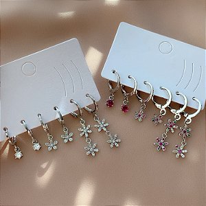 BRINCO KIT ARGOLINHAS FLOR ZIRCÔNIAS MELINDA PRATEADO BIJU