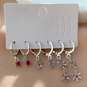 BRINCO KIT ARGOLINHAS FLOR ZIRCÔNIAS MELINDA PRATEADO BIJU