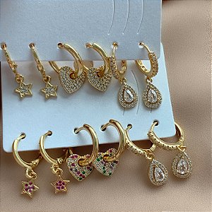 BRINCO KIT ARGOLINHAS FORMATOS ZIRCÔNIAS BIANCA DOURADO BIJU