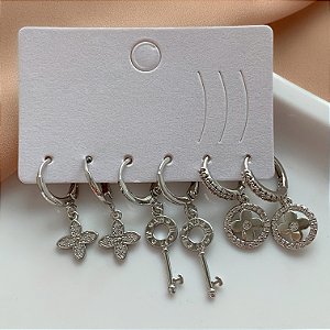 BRINCO KIT ARGOLINHAS TREVOS E CHAVE ZIRCÔNIAS THAÍS PRATEADO BIJU