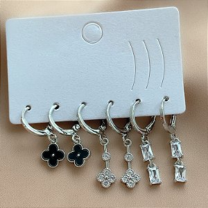 BRINCO KIT ARGOLINHAS TREVOS ZIRCÔNIAS MAJU PRATEADO BIJU