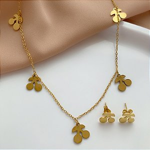 COLAR E BRINCO KIT PINGENTES CEREJA DOURADO AÇO 316L⭐️
