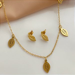 COLAR PINGENTES FOLHAS DOURADO AÇO 316L⭐️