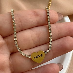 PULSEIRA STRASS CORAÇÃO LOVE DOURADO AÇO 316L⭐️