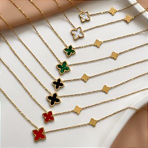 COLAR DUPLO TREVO RESINADO PLAQUINHAS DOURADO AÇO 316L⭐️