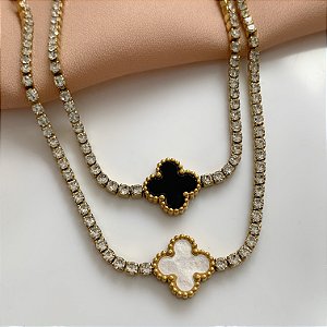 PULSEIRA FIO ZIRCÔNIAS TREVO RESINADO DOURADO AÇO 316L⭐️
