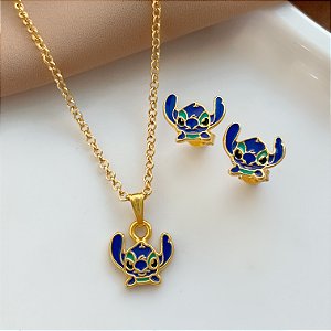 COLAR E BRINCO KIT INFANTIL STITCH FOLHEADO A OURO 18K⭐