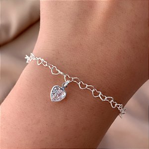 PULSEIRA ELOS CORAÇÕES PINGENTE CORAÇÃO ZIRCÔNIA FOLHEADO A PRATA⭐️