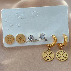 BRINCO KIT TREVO E ZIRCÔNIA DOURADO AÇO 316L⭐️