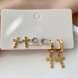 BRINCO KIT CRUZ BOLINHAS E ZIRCÔNIA DOURADO AÇO 316L⭐️