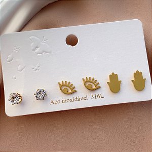BRINCO KIT PROTEÇÃO E PONTO DE LUZ ZIRCÔNIA DOURADO AÇO 316L⭐️
