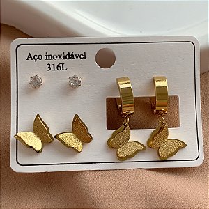 BRINCO KIT BORBOLETA TEXTURIZADA E PONTO DE LUZ DOURADO AÇO 316L⭐️
