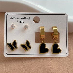 BRINCO KIT CORAÇÃO E BORBOLETA RESINADO DOURADO AÇO 316L⭐️