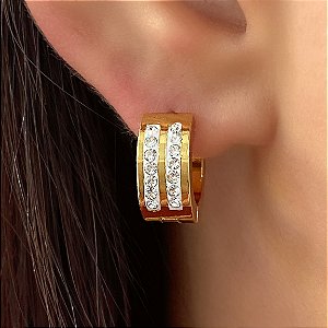 BRINCO ARGOLINHA GROSSA FILEIRAS ZIRCÔNIAS DOURADO AÇO 316L⭐️