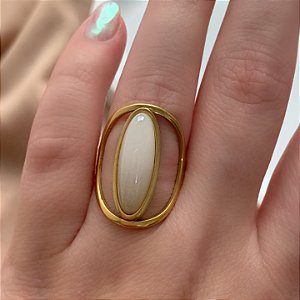 ANEL PEDRA RESINA OVAL ALONGADO DOURADO AÇO 316L⭐️