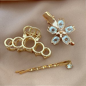 PRESILHA KIT FLOR ZIRCÔNIAS E BOLINHAS VAZADAS DOURADO