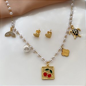 COLAR E BRINCO KIT INFANTIL PÉROLAS E PINGENTES DIVERSOS DOURADO AÇO 316L PREMIUM⭐️