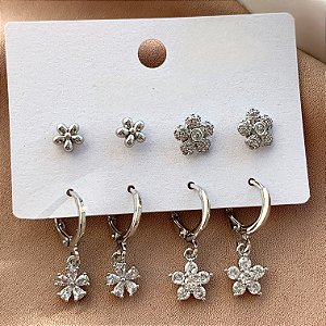 BRINCO KIT ARGOLINHAS FLORZINHAS ZIRCÔNIAS LETÍCIA PRATEADO BIJU